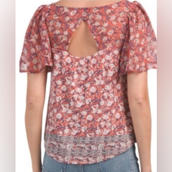 Lucky Brand Mixed Media Flutter Sleeve Floral Lightweight Color:Orange Size:M - Picture 3 of 10